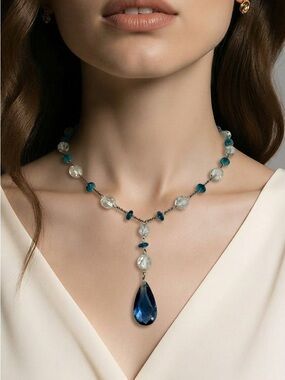 Cousin Claudine Blue Teardrop Glass Pendant Necklace